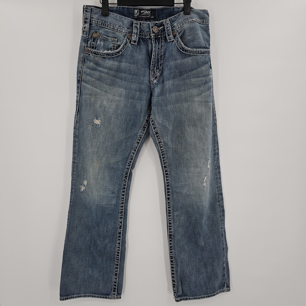 Silver Jeans Mens 32x32 ZAC Bootcut Distressed Embroidered Thick Stitch (32X31)‎